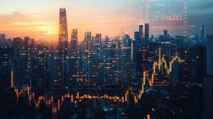 Fototapeta premium A city skyline at sunset with a large building in the background. The city is lit up with lights, creating a warm and inviting atmosphere