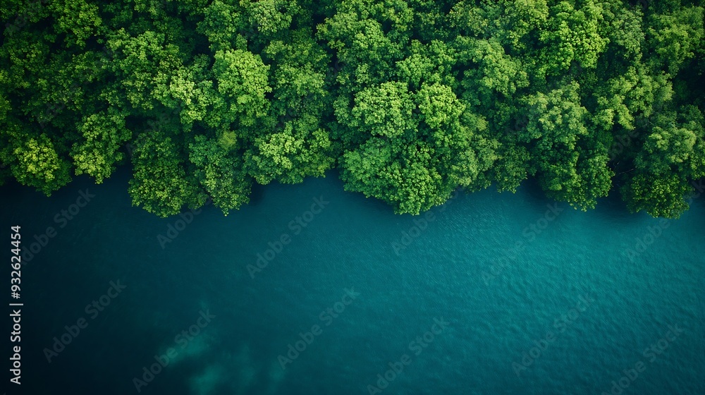 Poster aerial view of the dark green forest and the sea natural ecosystems of forests and oceans concept of
