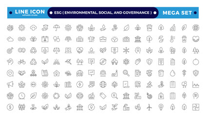ESG icon Outline set, Environmental, Social, and Governance line icon.  Includes Sustainability, Solar Panel. Set of outline icons about Environmental Social Governance. Editable stroke outline icon. 