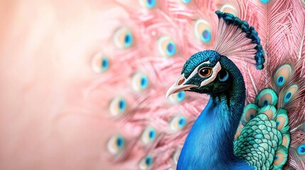 Obraz premium A blue peacock with a pink background. The peacock is the main focus of the image