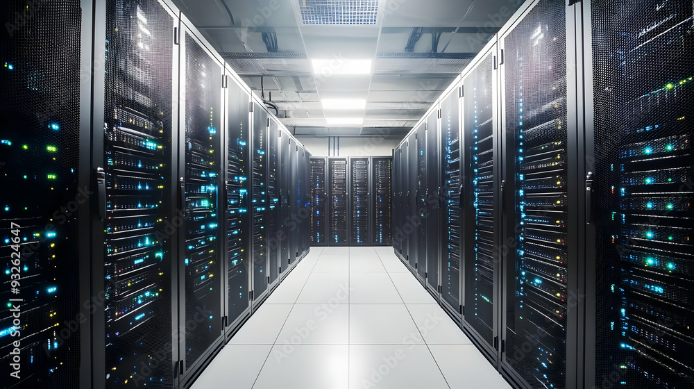 Poster a data center aisle with server racks and led indicators.