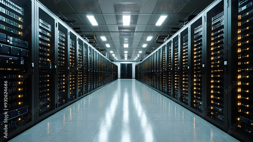 Poster a data center with rows of servers and illuminated indicators.