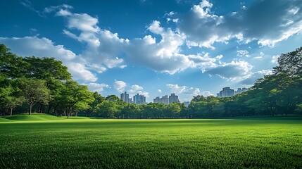 Scenic view of the park with green grass field in city and a cloudy blue sky background Beautiful green park : Generative AI