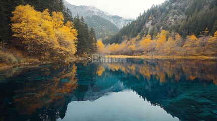 Obraz premium Jiuzhaigou once logged extensively is now Chinas top park safeguarding 278 sq mi of UNcalled most diverse temperate forest It hosts 118 lakes incl Five Colored PondLocated in SichuanCh : Generative AI