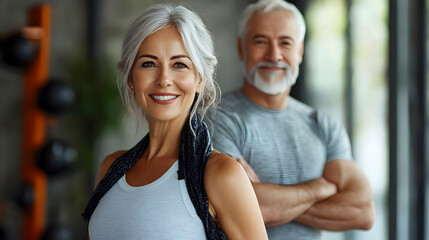 Obraz premium A couple smiling confidently at a gym, promoting fitness and health.