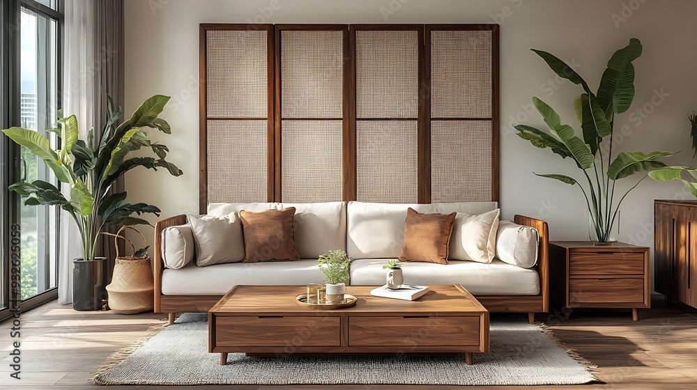 Poster light living room with folding screen comfortable sofa coffee table and chest of drawers : generativ