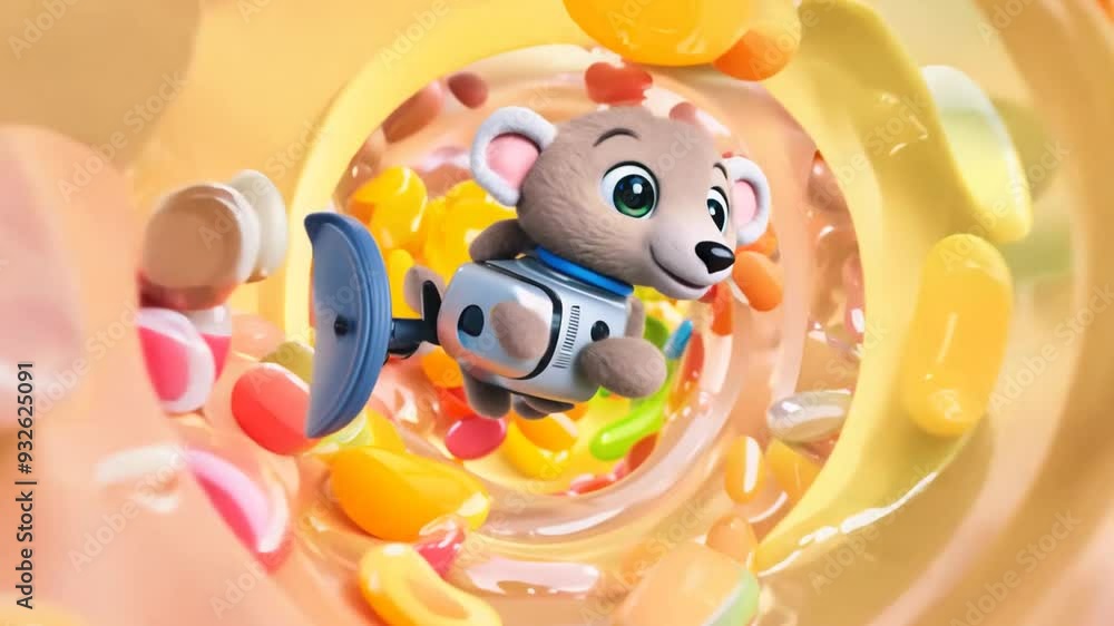 Poster cute animated character cleaning colorful candies in a swirl generative ai