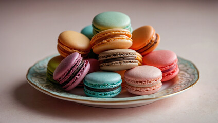 Fototapeta premium Assorted colorful macarons stacked on a delicate porcelain plate, with pastel background.
