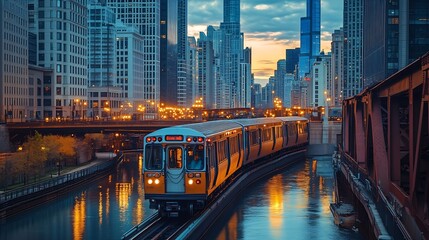 Obraz premium Train passing by over bridge of City of Chicago transport system Illinois USA : Generative AI