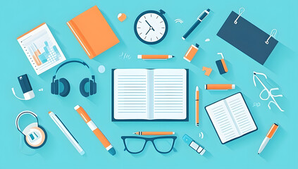 Educational Tools and Symbols Illustration, Including Books, Pens, Headphones, Notepads, Clocks, and Glasses,