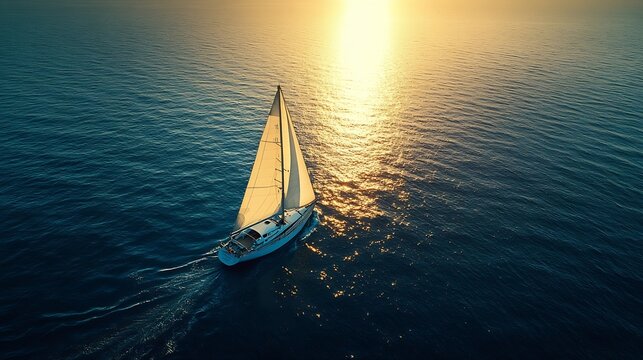 Sailing yacht race at sun light aerial Yachting on serene seascape at open sea Boat with big white spinnaker sail at ocean bay Lonely ship cruise at water on summer sunny day Cinematic : Generative AI