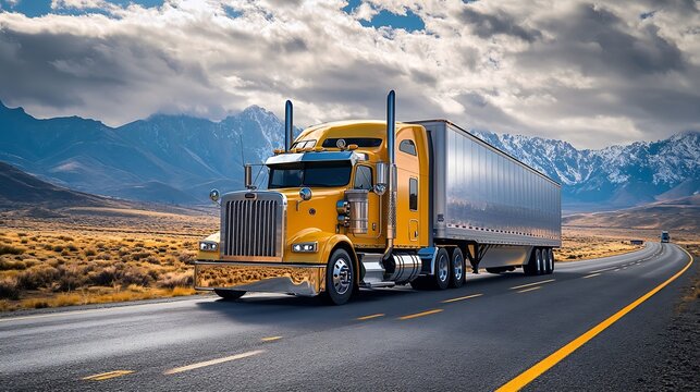 Industrial carrier long hauler classic yellow big rig semi truck tractor with high cab for truck driver rest transporting cargo in refrigerator semi trailer driving on the multiline hi : Generative AI