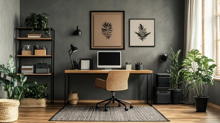 Creative composition of workplace interior with mock up poster frame wooden desk rattan chair black rack patterned rug plant brown wall books and personal accessories Home decor Templa : Generative AI