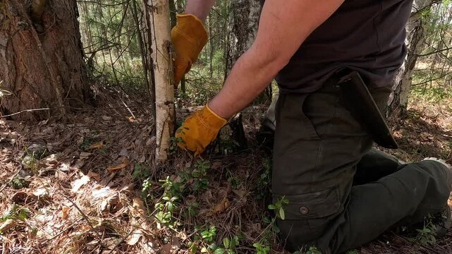 a man cut chaga in the forest