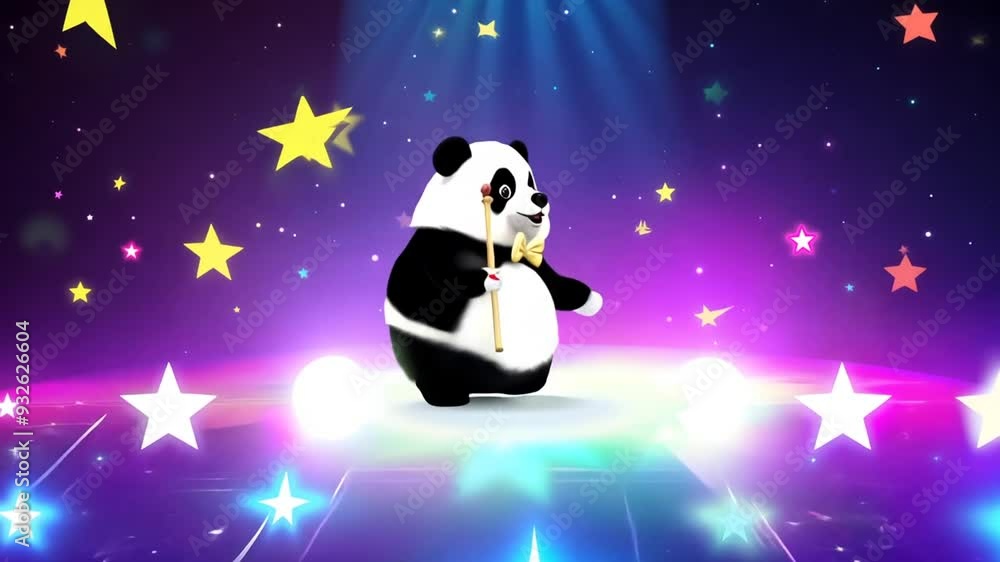 Poster panda performing on stage with colorful lights and stars generative ai