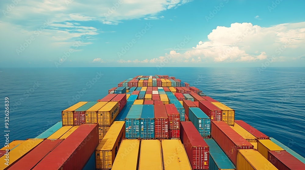 Poster view on the containers loaded on deck of the large cargo ship she is sailing through calm blue ocean