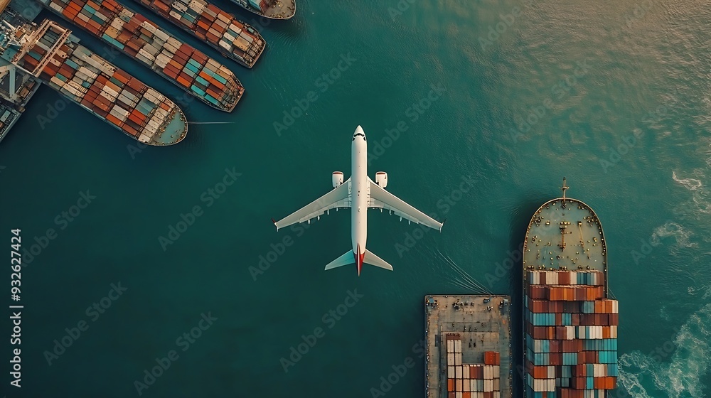 Poster aerial view and top view cargo plane flying above ship port in the export and import business and sm
