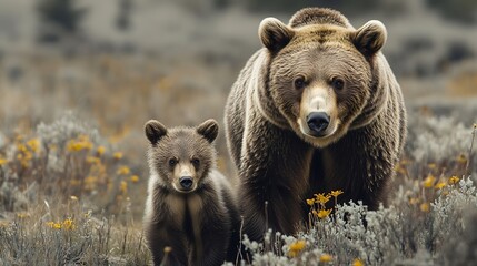 Obraz premium Grizzly Bears in Yellowstone National Park Wyoming in Spring : Generative AI