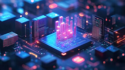 A computer chip with a city on it. The city is made up of many small squares. The squares are all different colors and sizes