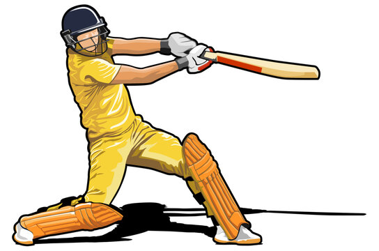 cricket player in yellow uniform swinging bat clip art preview