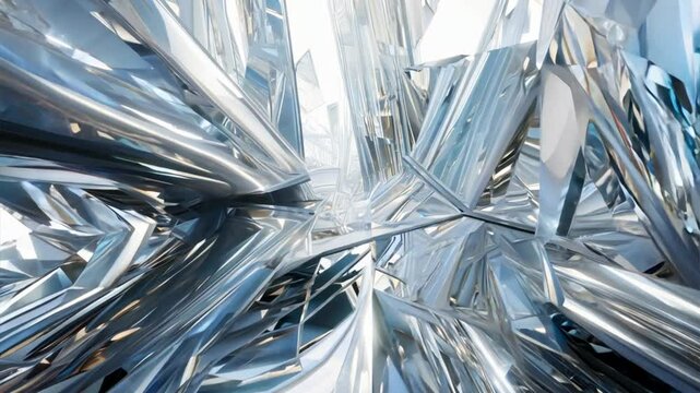 Crystalline Labyrinth: A mesmerizing 3D render of a futuristic cityscape, composed of towering, reflective metallic structures reaching for the sky. The abstract design evokes a sense of wonder and co