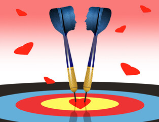 Two darts, look male and female and are on traget in their love relationship or marriage by hitting a bullesye together on a traget, This is a 3-d illustration.