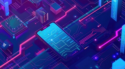 Abstract Cybernetic Landscape with Glowing Lines