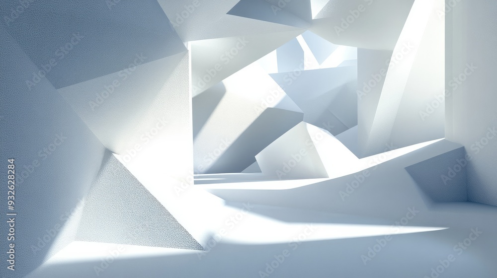 Poster 3d geometric shapes casting shadows, creating depth and dimension in an abstract design.