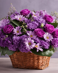 basket of flowers, flower arrangement with lavender, floral jewelry design, lilac and purple flowers, flower basket decor, lavender and lilac bouquet, hardy chrysanthemums in floral basket, violet 