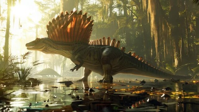 Spinosaurus in the Swamp: A majestic Spinosaurus dinosaur walks through a prehistoric swamp, its imposing crest and spiky sail catching the sunlight. The creature's powerful physique and ancient envir