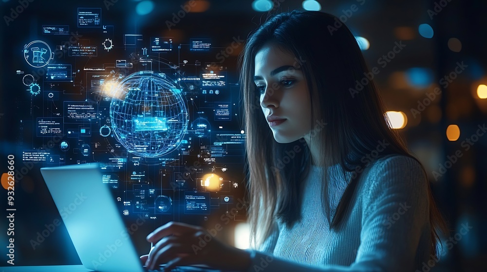 Aufkleber Education technology and AI Artificial Intelligence concept Women use laptops Learn lessons and online webinars successfully in modern digital learning  Courses to develop new skills : Generative AI