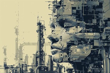 Fototapeta premium ai generative abstract face blends with factory