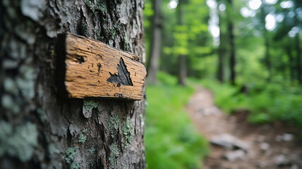 A weathered trail marker on tree in lush forest, evoking sense of adventure and exploration.