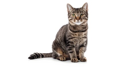 Obraz premium Grey stripped mixed-breed cat sitting, isolated on white. 