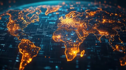 Fototapeta premium A computer generated image of the world with a blue background and orange lights. The image gives off a futuristic and technological vibe