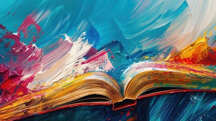 A book opened wide, revealing pages that resemble a colorful abstract landscape.