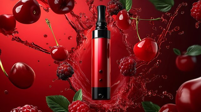 Red bottle with cherry and raspberry splash.