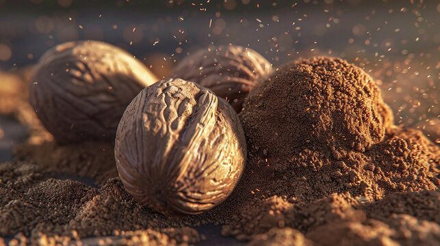 nutmeg seed on nutmeg powder