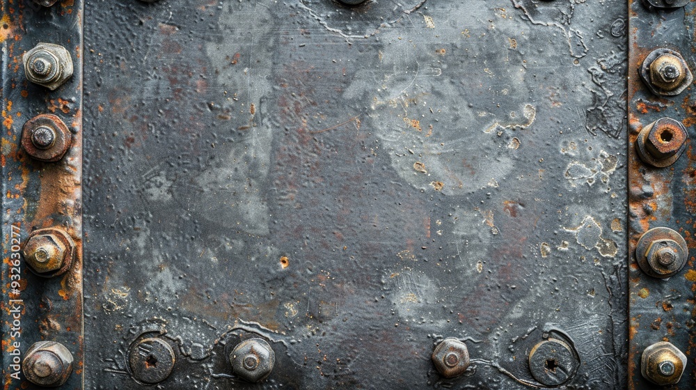 Poster aged fasteners on gray surface with border textured backdrop for text