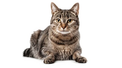 Obraz premium Grey stripped mixed-breed cat sitting, isolated on white. 