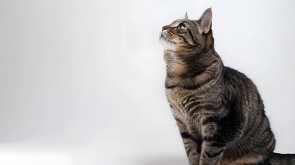 Grey stripped mixed-breed cat sitting, isolated on white. 