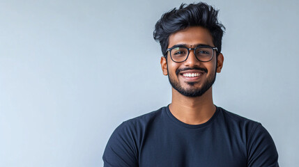 Obraz premium A young Indian man smiling and standing against a white background.