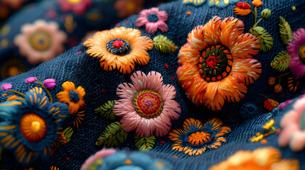 Colorful Floral Embroidery on Dark Blue Fabric - Closeup Illustration