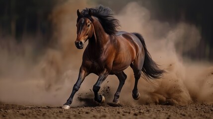 Graceful Gallop: Bay Horse Running in Dusty Darkness