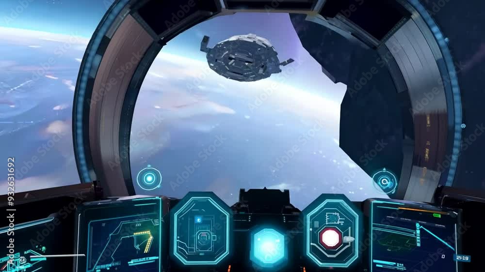 Poster spaceship cockpit view with a space station in orbit generative ai