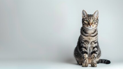 Grey stripped mixed-breed cat sitting, isolated on white. 