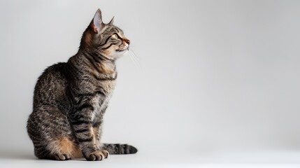 Obraz premium Grey stripped mixed-breed cat sitting, isolated on white. 