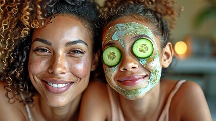 Mixed-race mother and daughter at home wearing face masks and slicing cucumbers in their eyes - Powered by Adobe