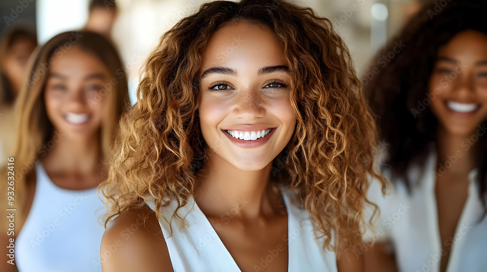 Poster A group of smiling women with curly hair in a bright setting.