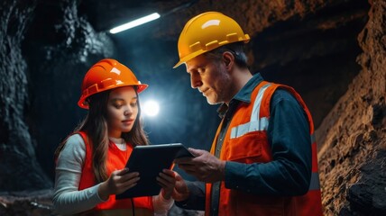 A beautiful young girl in a red helmet and with a electronic tablet
